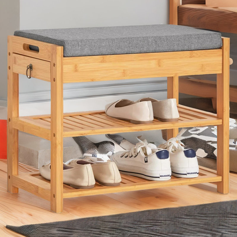 2 Tier Shoe Bench Storage Bench With Cushioned Seat & Storage Drawer Living Room Hallway Furniture