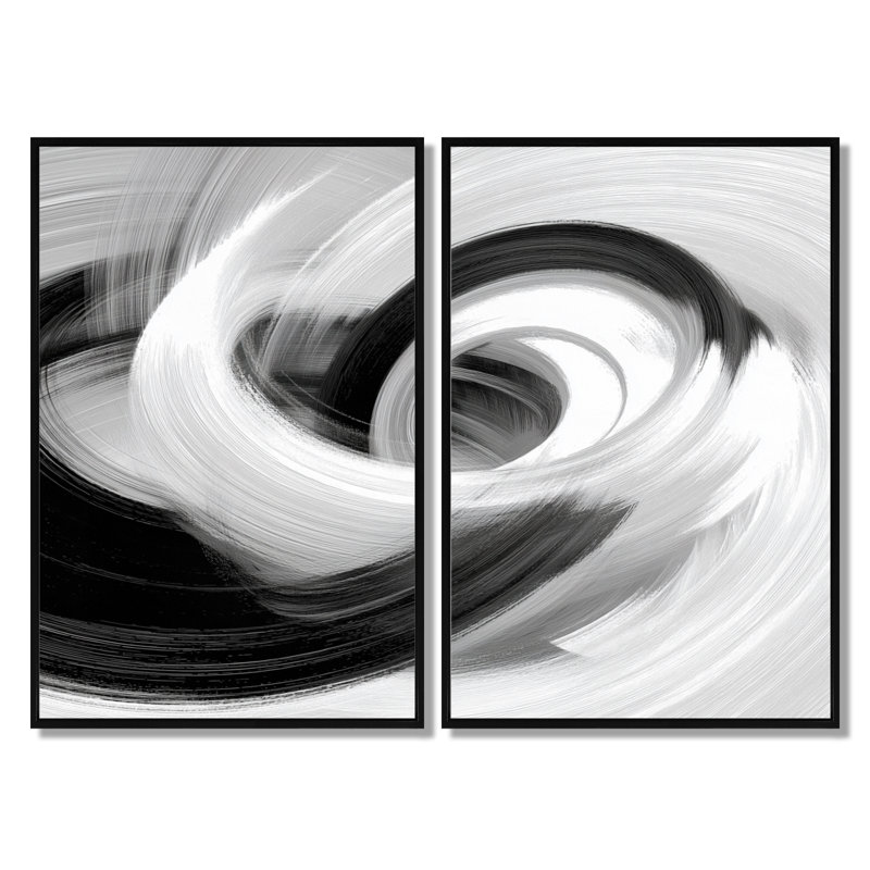 «White and Black Ink Spiral - Abstract Spirals Wall Art Decor», reproduction sur toile abstraite blanche 2 pièces, Noir