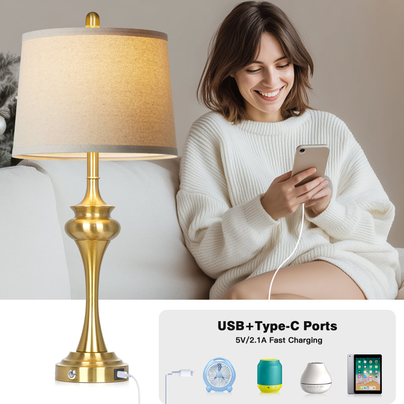 Modern 30'' Gold Table Lamp Set with USB & Type-C Ports, Oatmeal Linen Shade, Gold