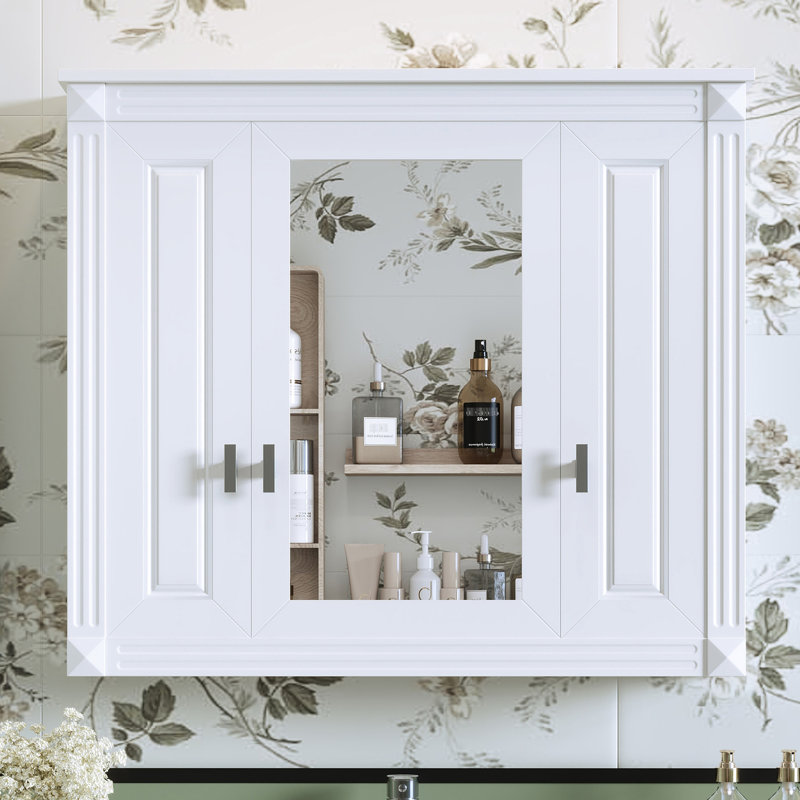 Armoire de salle de bain blanche murale avec 4 tablettes et porte miroir