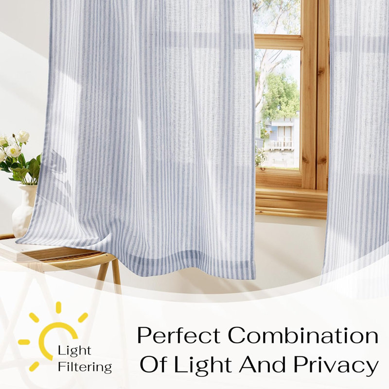  Sheer Linen Kitchen Curtains, Striped Print Farmhouse Decor Cafe Curtains, Boho Drapes with Rod Pocket for Living Room Bathroom, 2 Panels