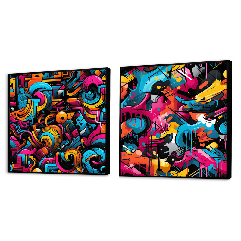 Christien - Ensemble de 2 collages carrés à formes abstraites, Cadre flottant noir, H 30 po x l 61 po
