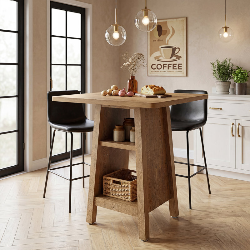 Kitchen Island with Storage, 3-Tier Square Counter Height Island Table, Farmhouse Small Coffee Bar Table for Kitchen, Dining Room, Living Room, Rustic Brown