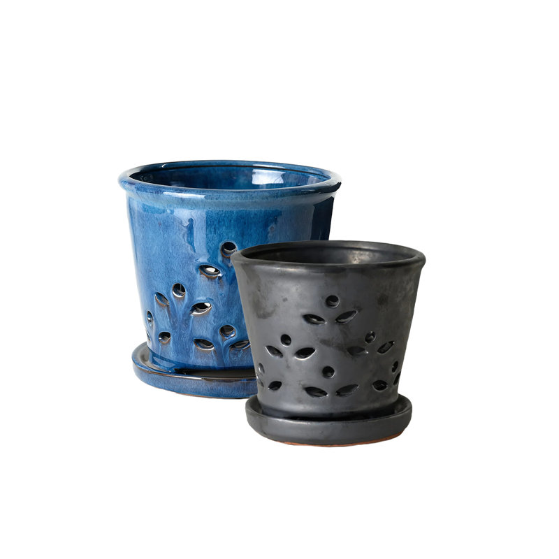  Leaf Breeze Glazed Ceramic Planter – Gloss Black & Blue Indoor Pots With Drainage Hole & Matching Saucer For Orchids, Succulents & Houseplants, Bundle Of 2