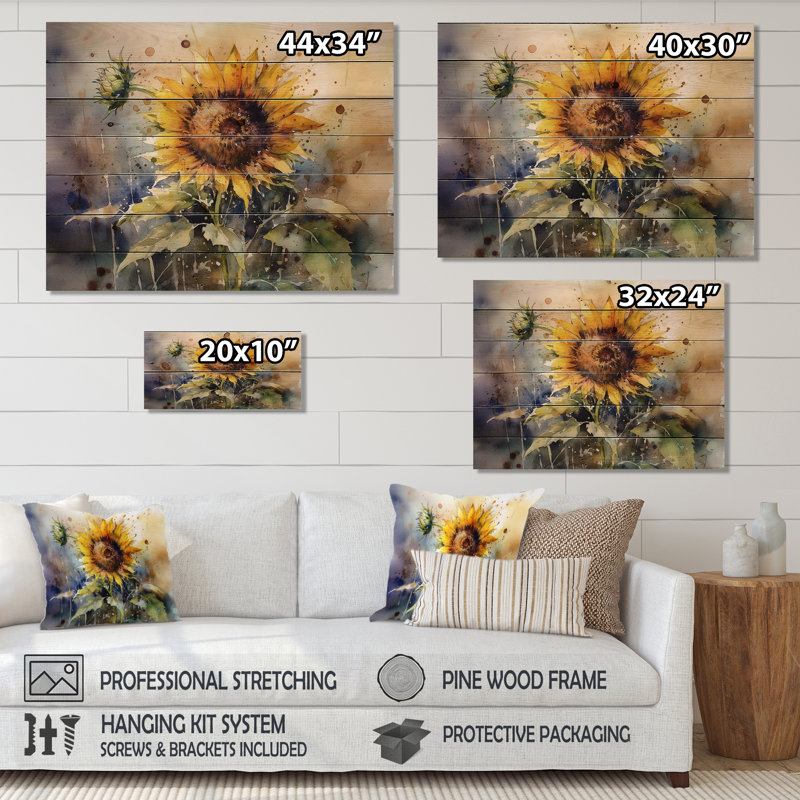 Wahpeton, tournesol jaune, symphonie I sur bois, H 30 po x l 40 po x P 0,78 po