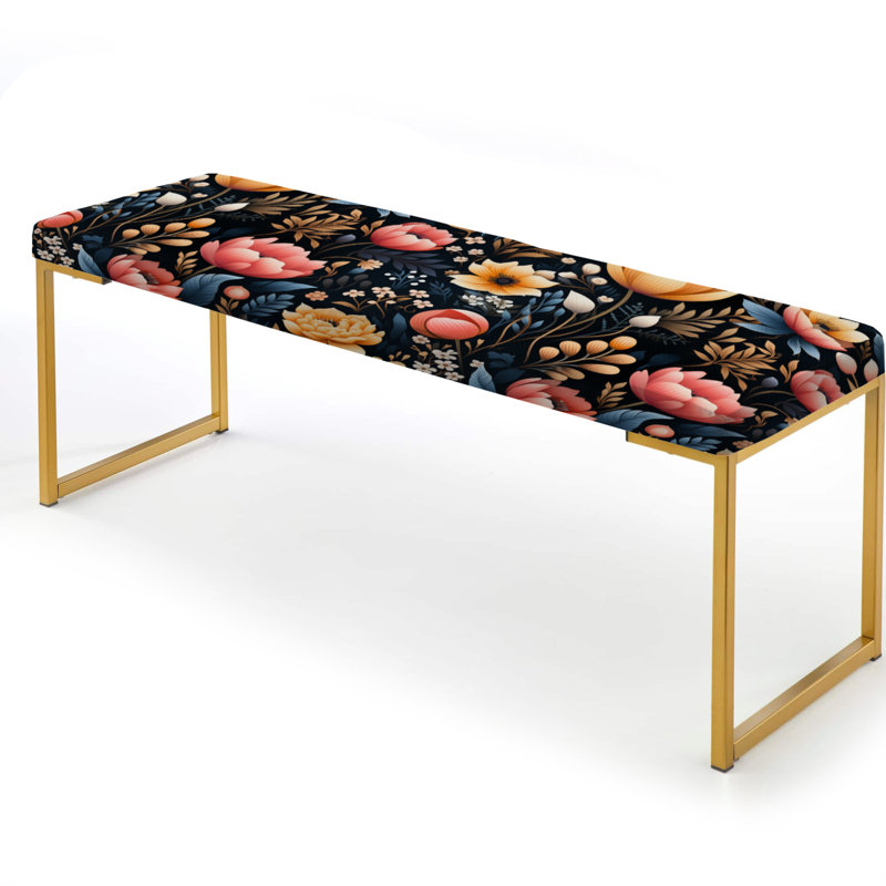 Botanical Upholstered Gold Bench, Multicolor Wildflowers Garden On Black