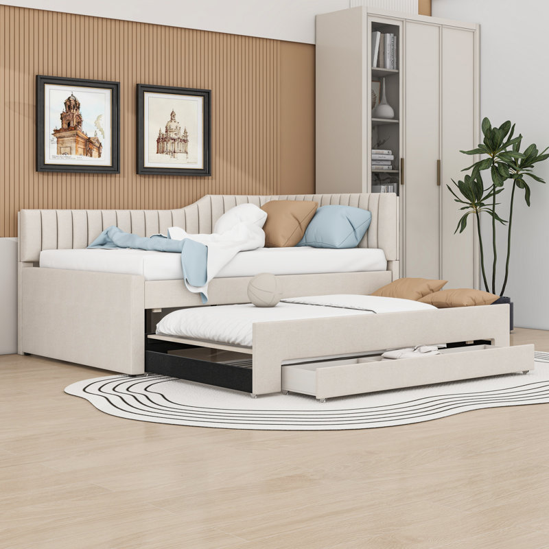 Upholstered Daybed with Trundle and Drawers, Beige, Full/Double