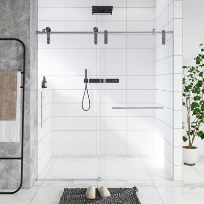 Porte de douche coulissante sans cadre l 56 à 60 po x H 66 po, verre trempé transparent de 5/16 po (8 mm), structure en acier inoxydable, nickel brossé