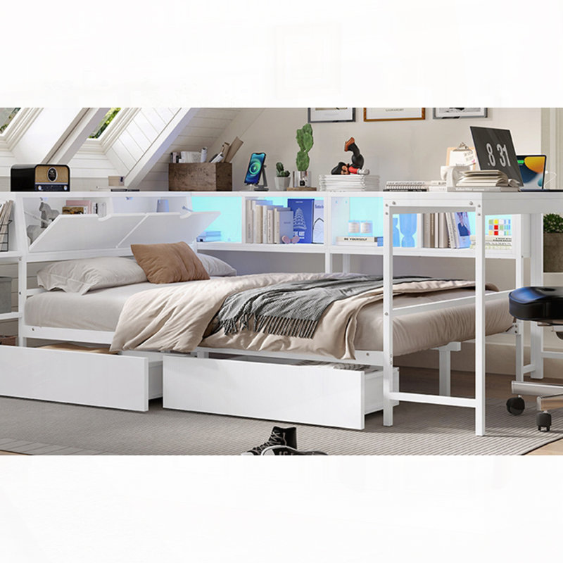 Cadre de lit d'angle avec bibliothèque et 2 tiroirs de rangement sous le lit, lit moderne avec lumière DEL et station de charge