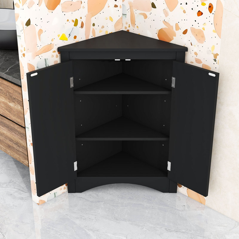 Armoire de rangement autoportante triangulaire pour salle de bain avec tablettes réglables, Noir