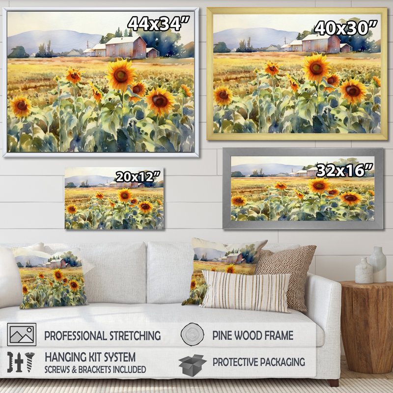 Tournesol doré à la ferme II, Cadre flottant blanc, H 24 po x l 32 po x P 1 po