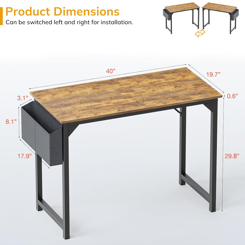 Petit bureau d'ordinateur de 40 pouces avec bureau d'écriture et bureau moderne simple avec sac de rangement et crochet pour la chambre à coucher