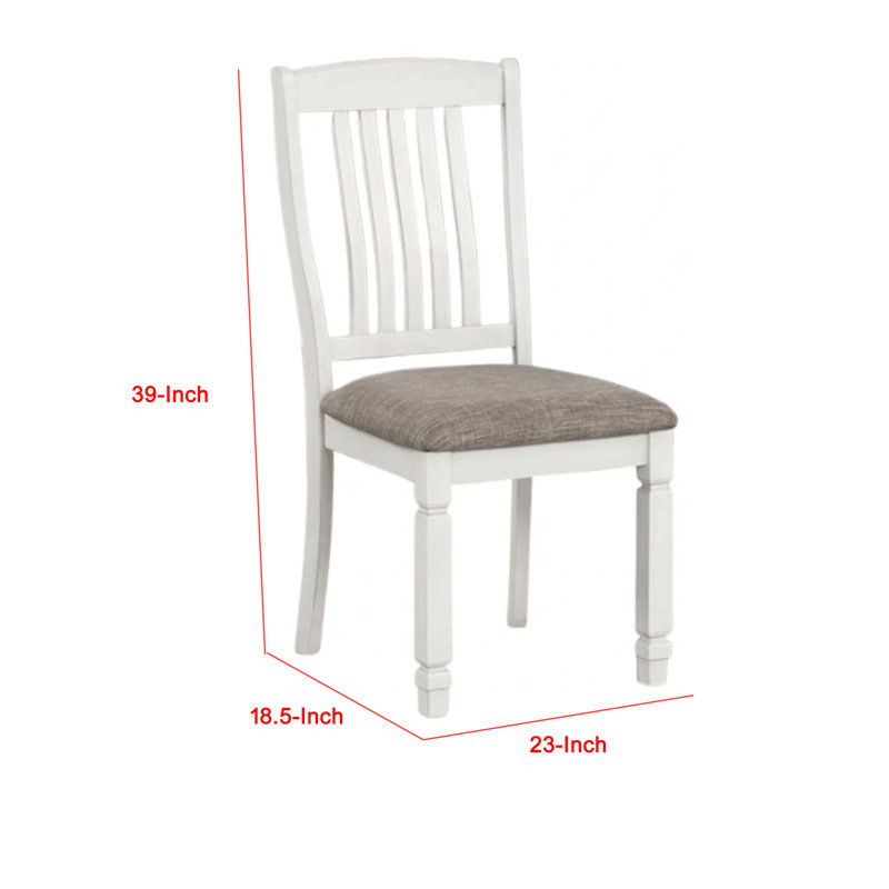 Ensemble de 2 chaises de salle à manger Dola, bois blanc rustique, tissu gris, dossier à lattes