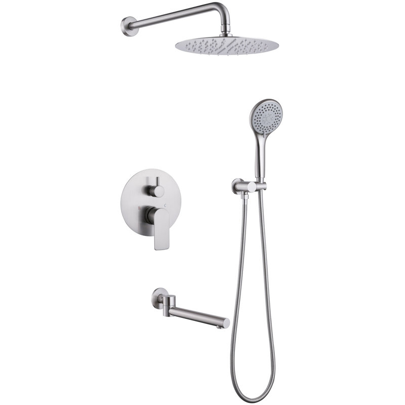 Modern 10" Round Wall Mounted Pressure Balance Rainfall Shower System With Swivel Tub Spout And Handheld Shower