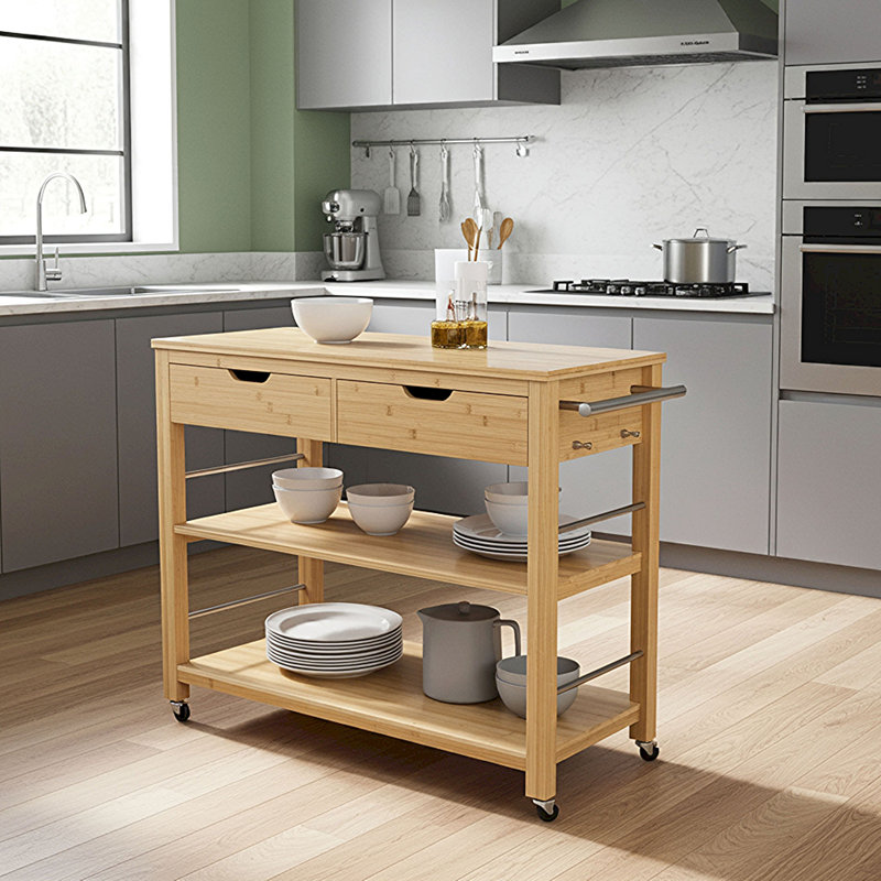 Solid Bamboo Kitchen Cart 2 Drawer 2 Shelf