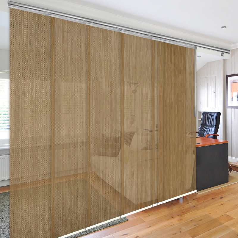 Dappled Gold 7-Panel Single Rail White Panel Track Extendable 110"-153"W x 94"H, Panel width 23.5", 153"W x 94"L