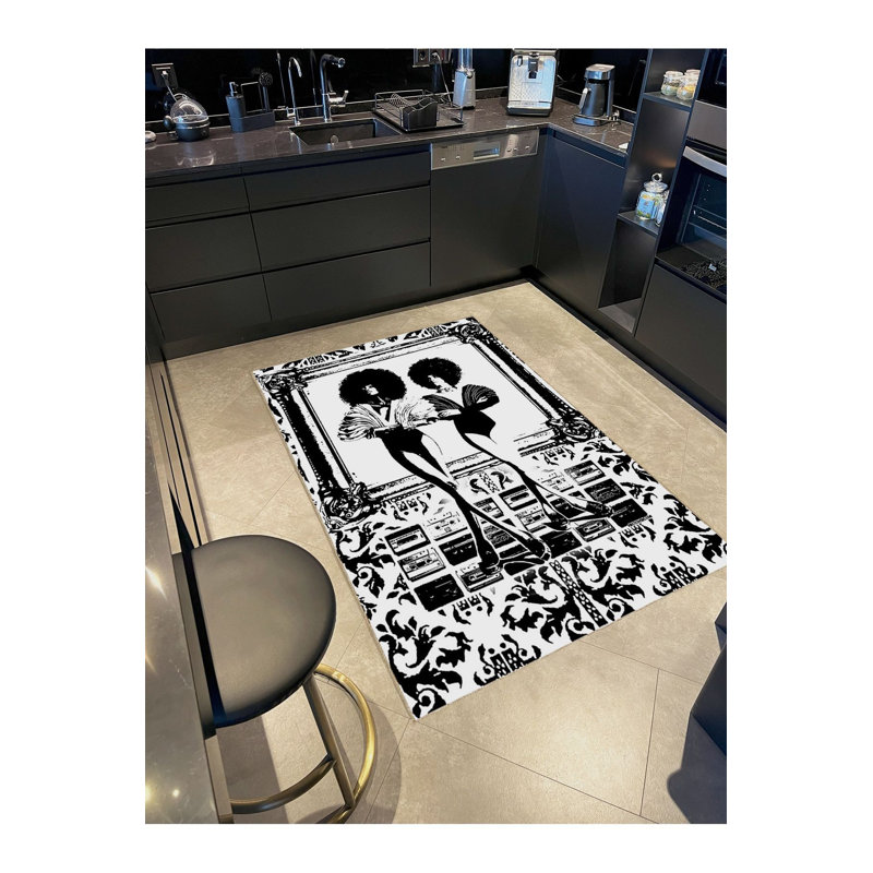 Tapis décoratif noir et blanc à motif tissé à motif de cassettes et de femme, Rectangle 3 pi 3 po x 4 pi 11 po