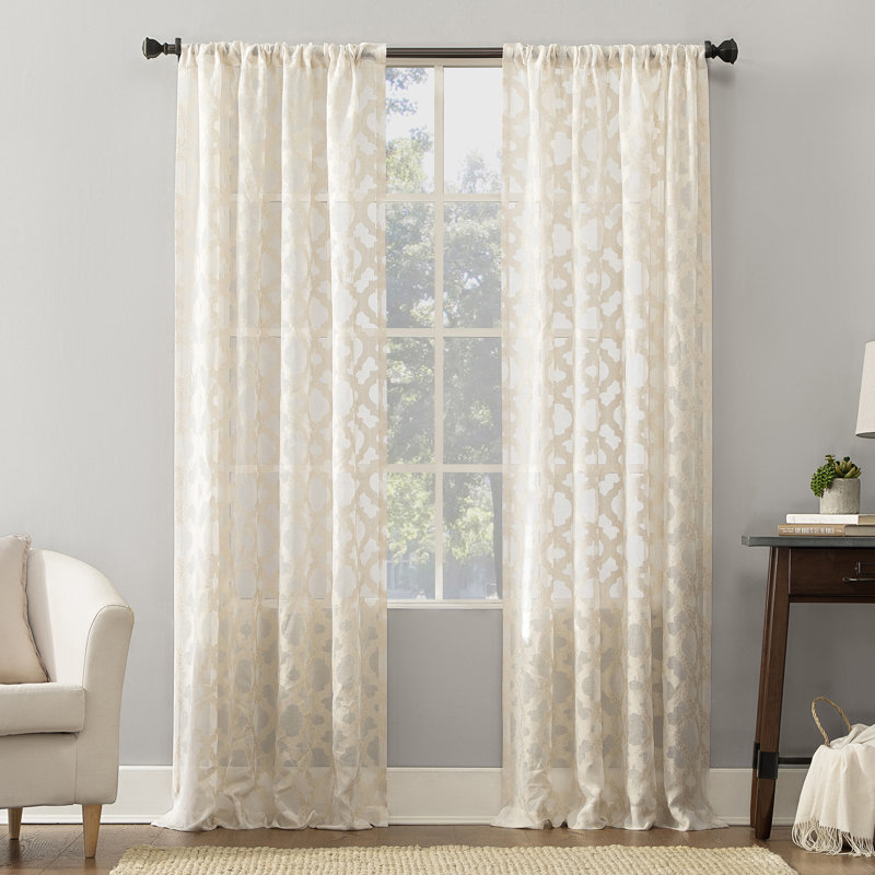 Anuel Trellis Jacquard Sheer Rod Pocket Curtain Panel, 52" W x 63" L, Cream