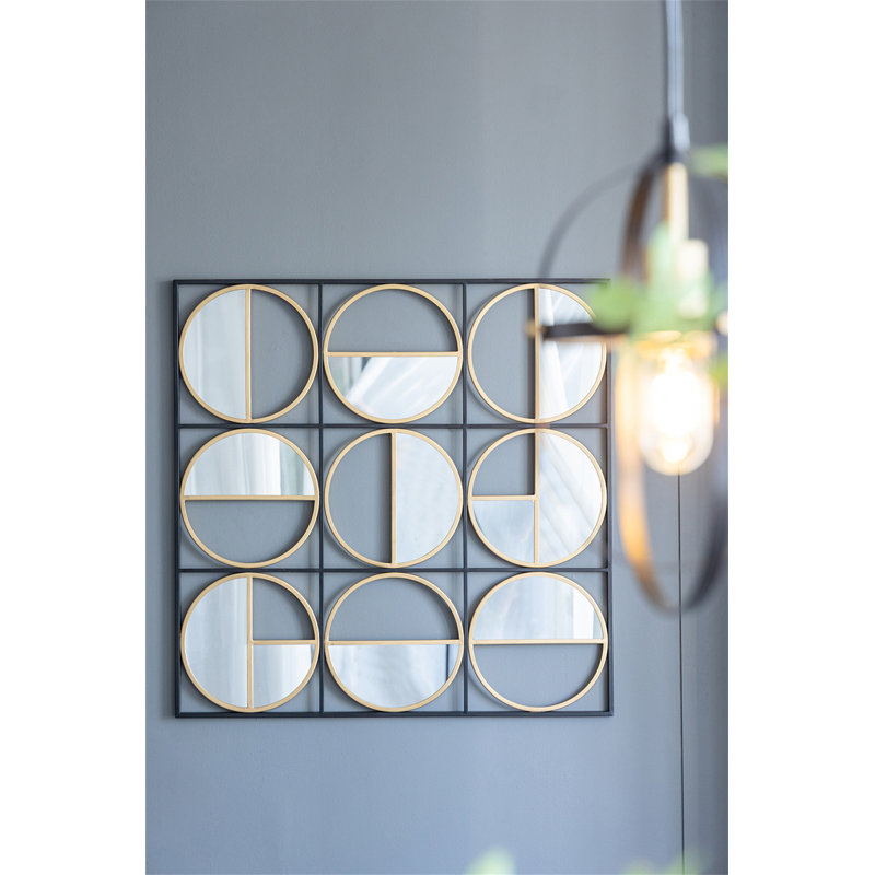 35.6" In Eclectic Styling Metal Beaded Black Wall Mirror With Contemporary Design For Bedroom, 35.6" x 35.6"