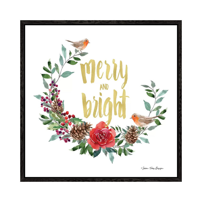 Merry And Bright Robin Wreath by Seven Trees Design - Gallery-Wrapped Canvas Giclée on Canvas, Black Framed