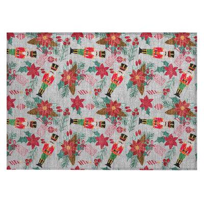 Machine Washable Indoor/Outdoor Christmas Nutcracker Xhevrie Silver Rug