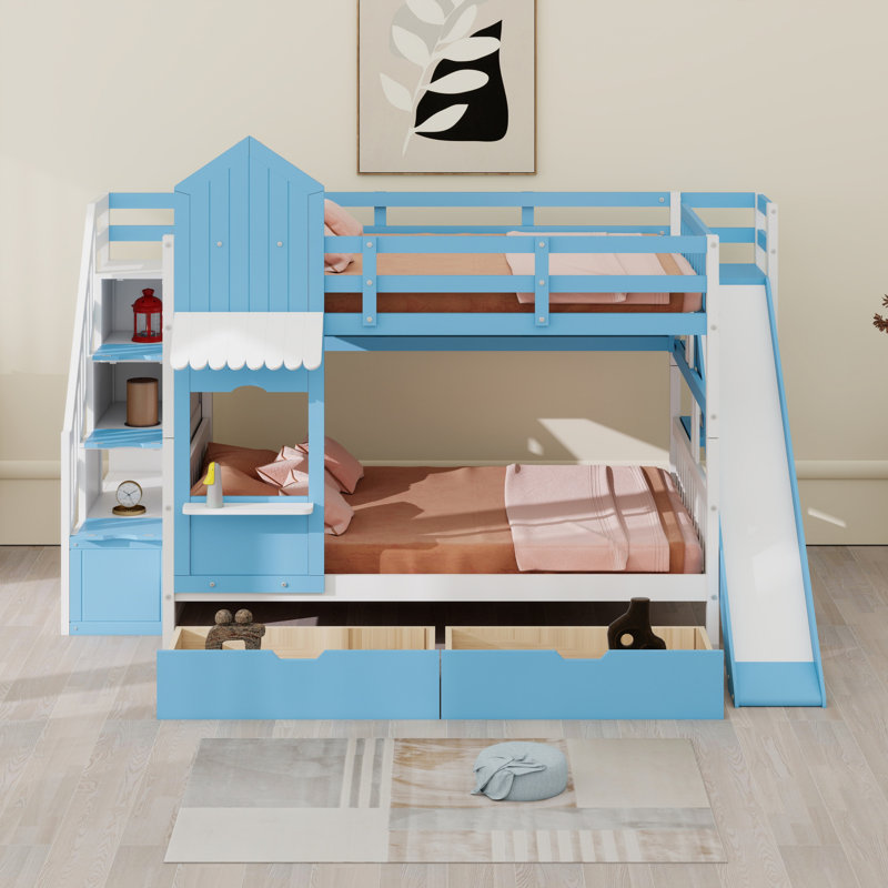Lit superposé de style château avec tiroirs, tablettes et glissoire, Bleu