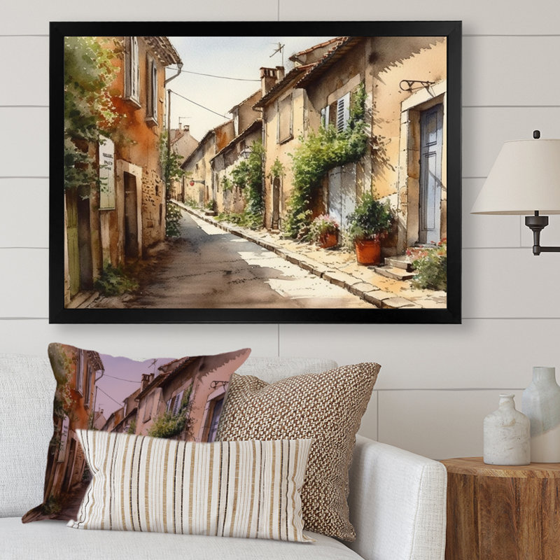 «Rochan Mediterranean Village Street I - Landscape Cottage», reproduction sur toile encadrée, H 16 po x l 32 po x P 1 po
