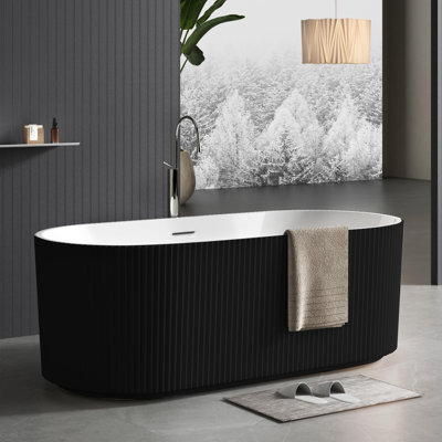GarveeHome Modern Striped Acrylic Freestanding Soaking Bathtub – Deep Ergonomic Tub, Non-Slip Glossy Surface, Double-Walled, Easy Install