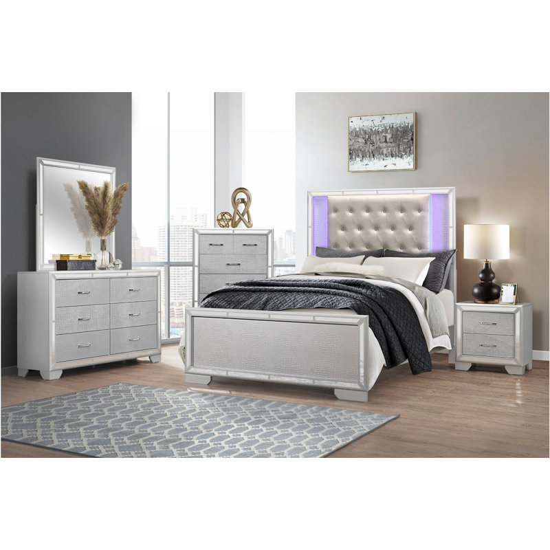Ensemble de chambre avec très grand lit plateforme 3 pièces Kadijha, Argent