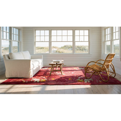 Tapis rouge rouge à motif floral en laine antique