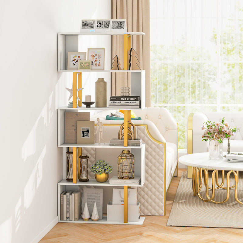 Geometric Bookcase S-Shaped Bookshelf w/ Metal Frame Gold, (5 Shelves) 62"H x 27.5"W x 9.5"D