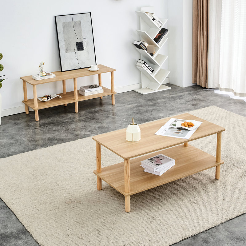 Table basse pour le salon, 2 rectangulaires avec rangement ouvert et bois massif, stable, centre moderne et élégant, tablette, noyer, ajout attrayant