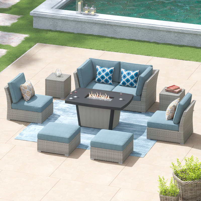 Baecher 6 - Person Wicker / Rattan Outdoor Sectional Seating Group ( Fully Assembled ) with Cushions and Aluminum Fire Pit Table