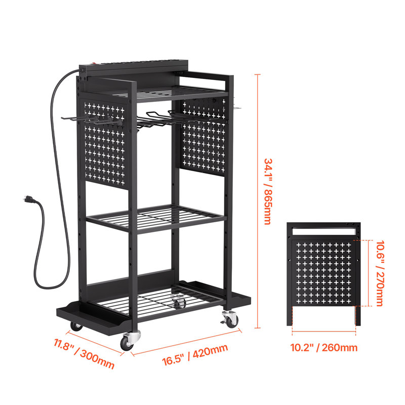 Chariot de rangement à outils à 4 niveaux avec station de charge, 8 prises secteur, support de perceuse à roulettes et rangement pour batteries d'outils, chariot de rangement à roulettes pour garage ou atelier.
