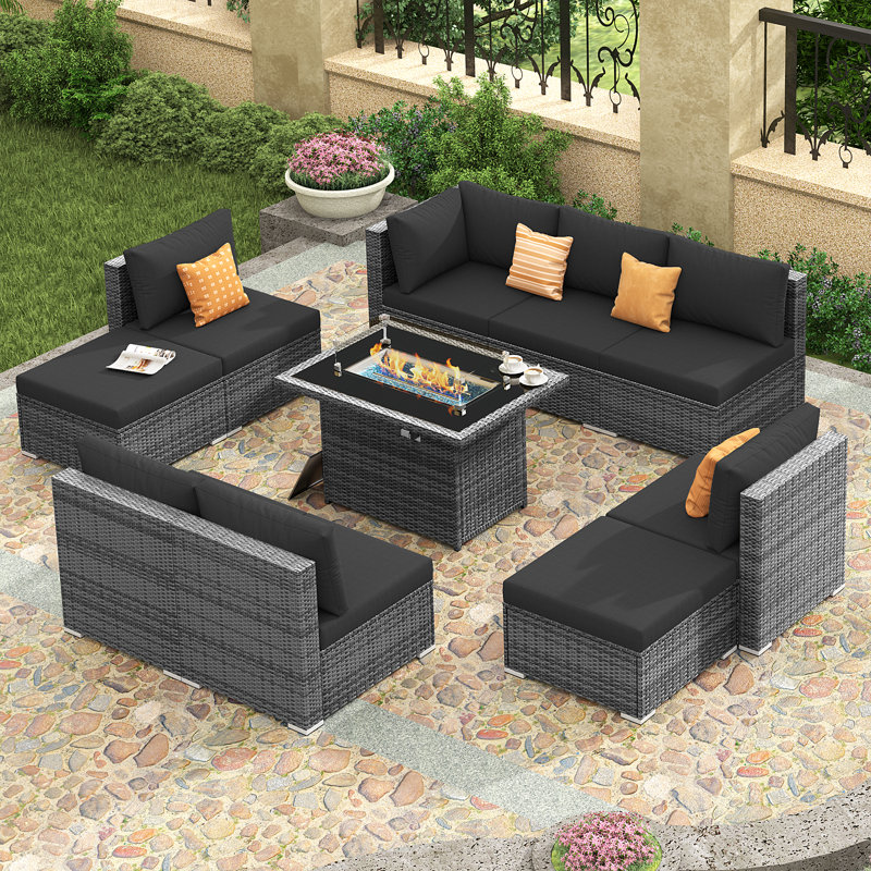 Ensemble de conversation modulaire d'extérieur en osier 10 pièces avec table de foyer au propane et coussins 43 "Bromelia