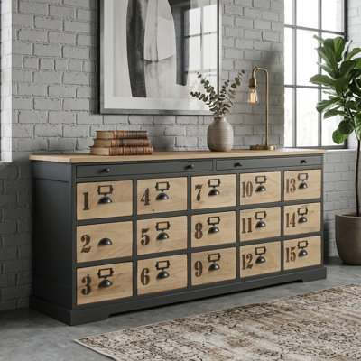 Vintage Industrial 15 Drawer Sideboard 200cm Numbered Apothecary Chest Of Drawers Wall Storage Table