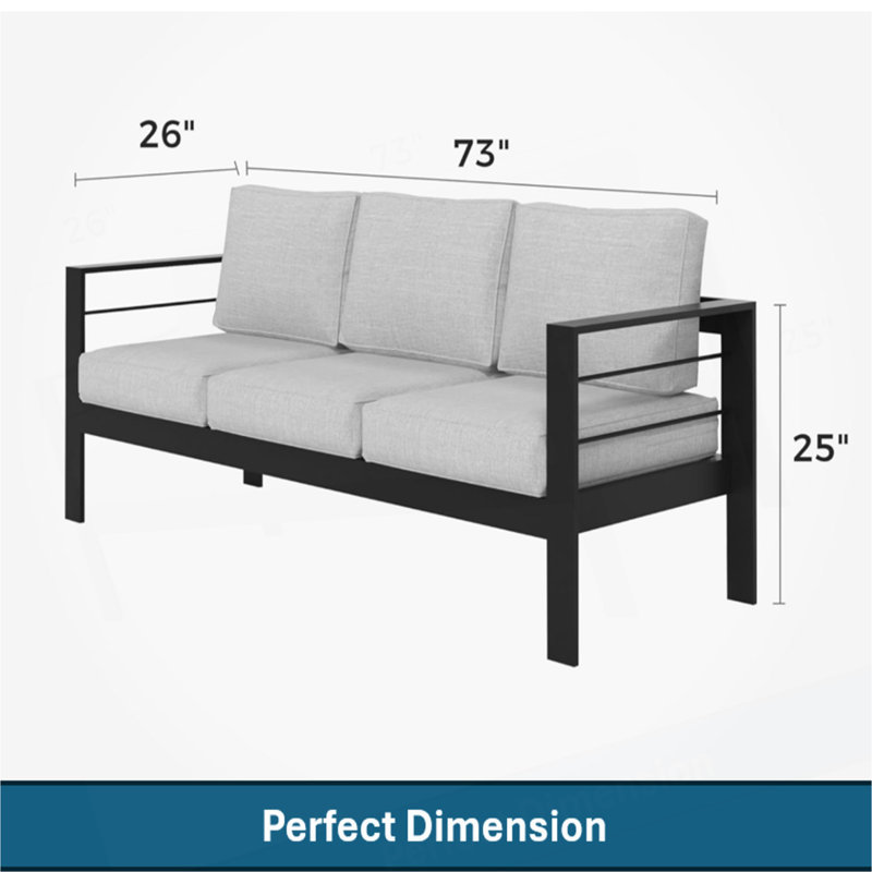 73" All-Weather Aluminum Patio Sofa, 3 Seat Outdoor Couch with Cushions & Frame, Gray, Black