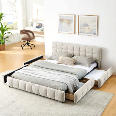 Grand lit tapissier, cadre de lit rembourré confortable, tissu chenille