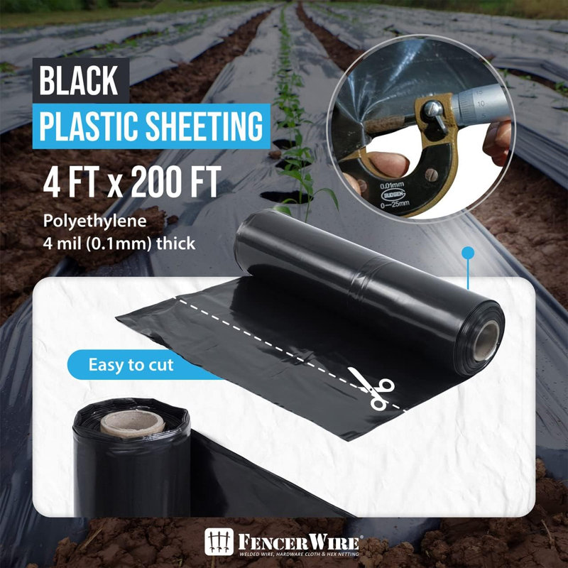 Fencer Wire 4 mil Black Plastic Sheeting Roll, Heavy-Duty Plastic Sheet, Multi-Purpose, 48" L × 2400" W