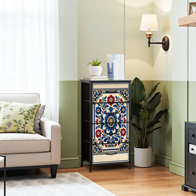 Commode 4 tiroirs pour chambre à coucher, commode étroite, plateau en bois et structure de bureau en fer 18 po x 37,5 po - (l x H) - avec motif de fleurs ornementales à motif symétrique Mandala