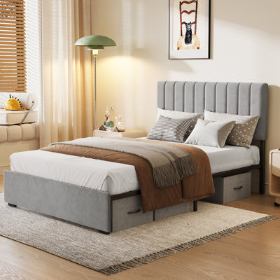 Lit plateforme tapissier en velours avec tête de lit capitonnée Channel (gris, double)