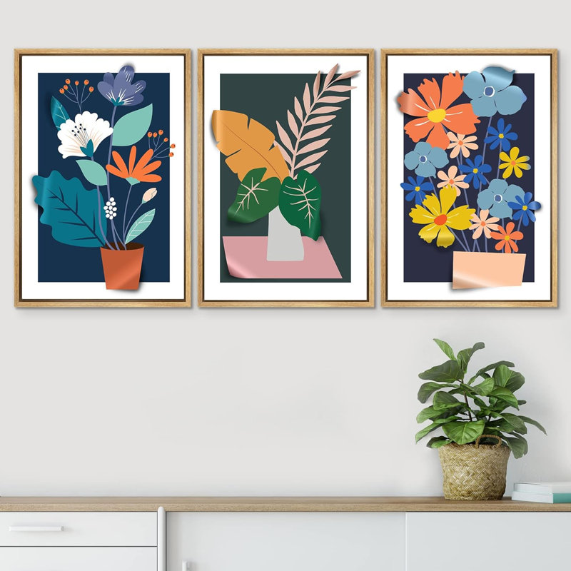 «Vibrant Jungle Garden Flower Plants Colorful Illustration Modern Art Decor Nordic Rustic» 3 pièces, Naturel