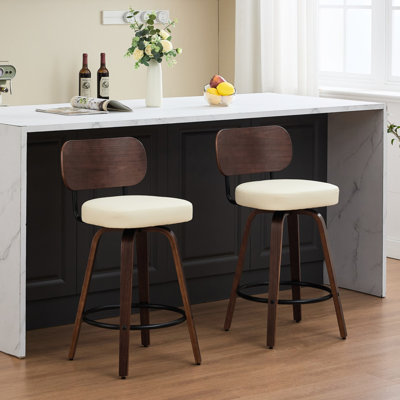 Tabouret de bar 26 po en similicuir de 26 po avec dossier en noyer, pieds de style Mid-Century, rotation sur 360 °, repose-pieds en métal, îlot de cuisine moderne, cuir d'unité centrale beige, structure, pivotant, salle à manger