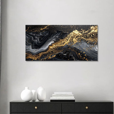 Tourbillon doré, peinture abstraite luxueuse marbrée noire et dorée, reproduction d'art sur toile