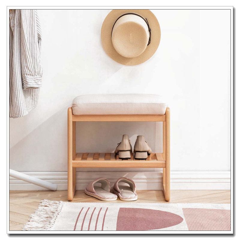 Banc à chaussures en bois massif avec coussin éponge à rebond élevé, Naturel