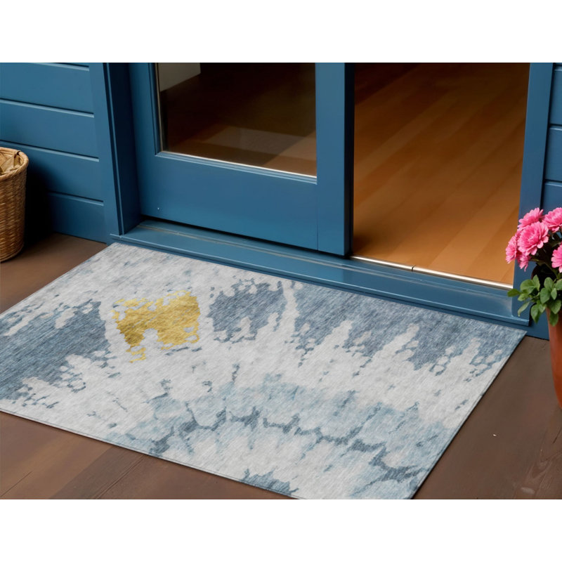 HomeRoots 3' X 5' Denim Blue And Sky Blue Abstract Washable Indoor Outdoor Area Rug