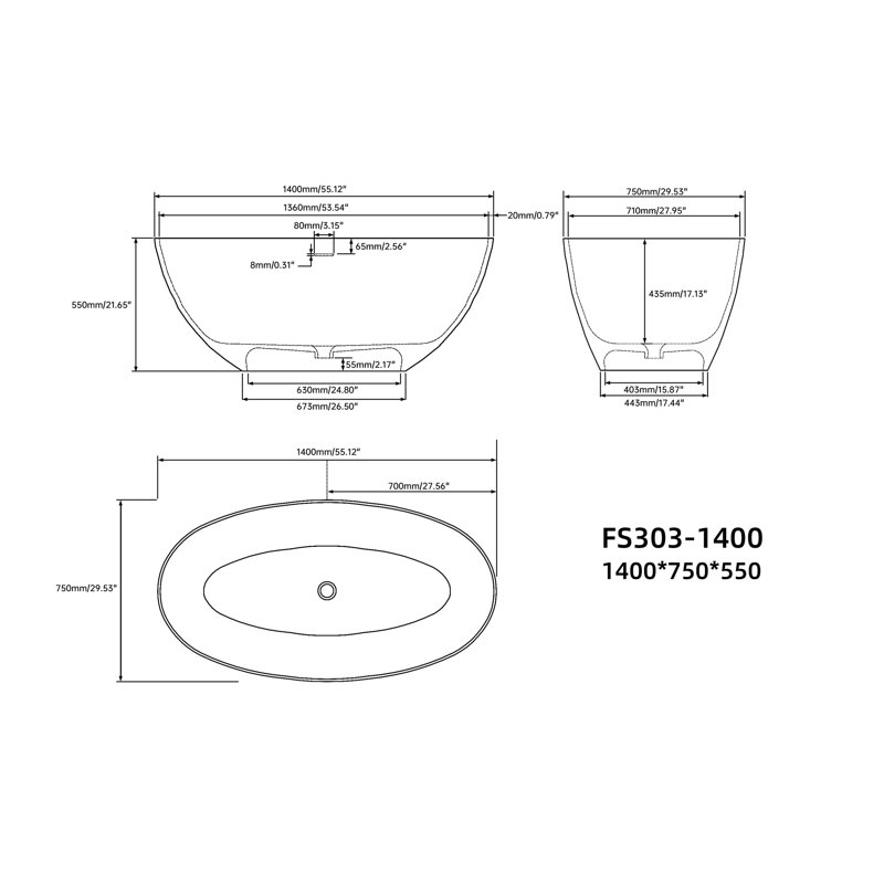 55" Premium Solid Surface Deep Soaking Bathtub