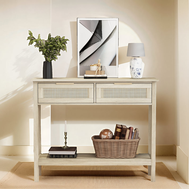 Console Table With 2 Rattan Drawer And Bottom Storage Shelf