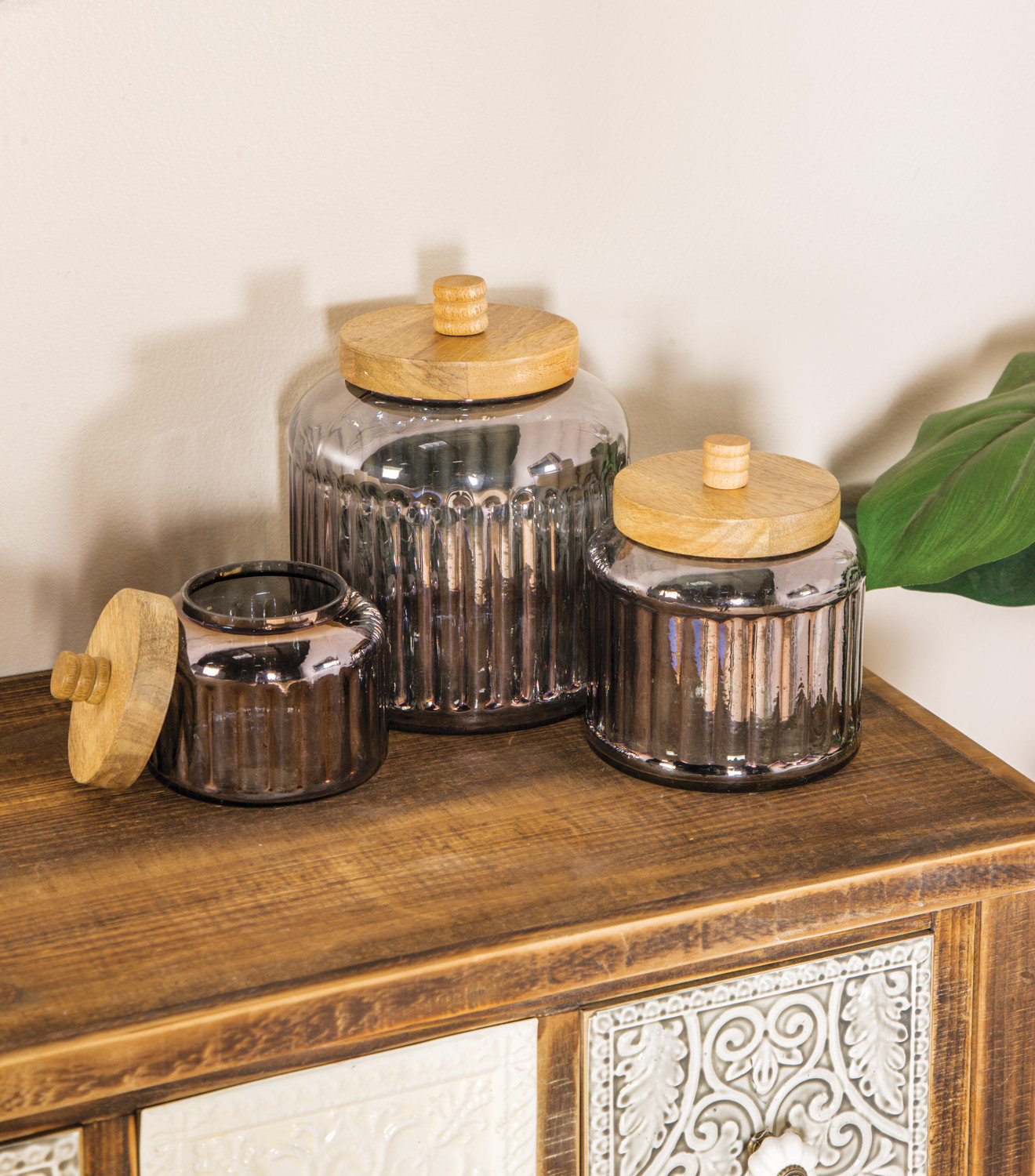 Mabank Glass Decorative Jars with Wood Lids Set, Gray, 5" H x 5" W x 5" D