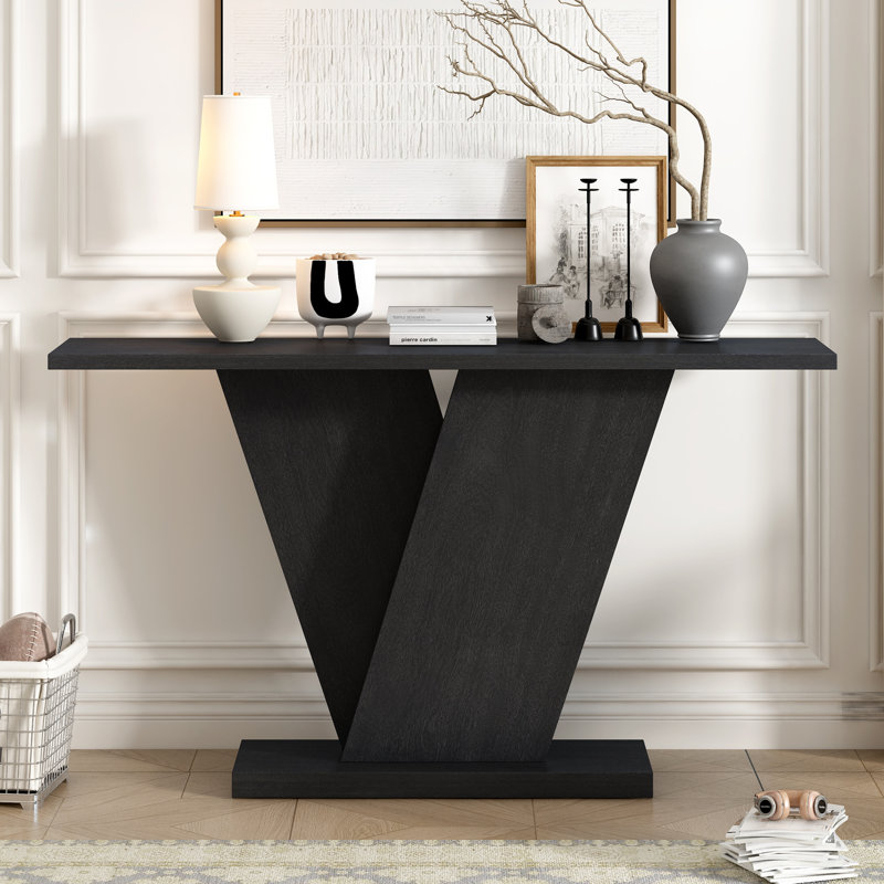 Console noire Mirod avec placage en bois naturel, base en forme de V classique | Idéal pour la présentation et l'assemblage facile